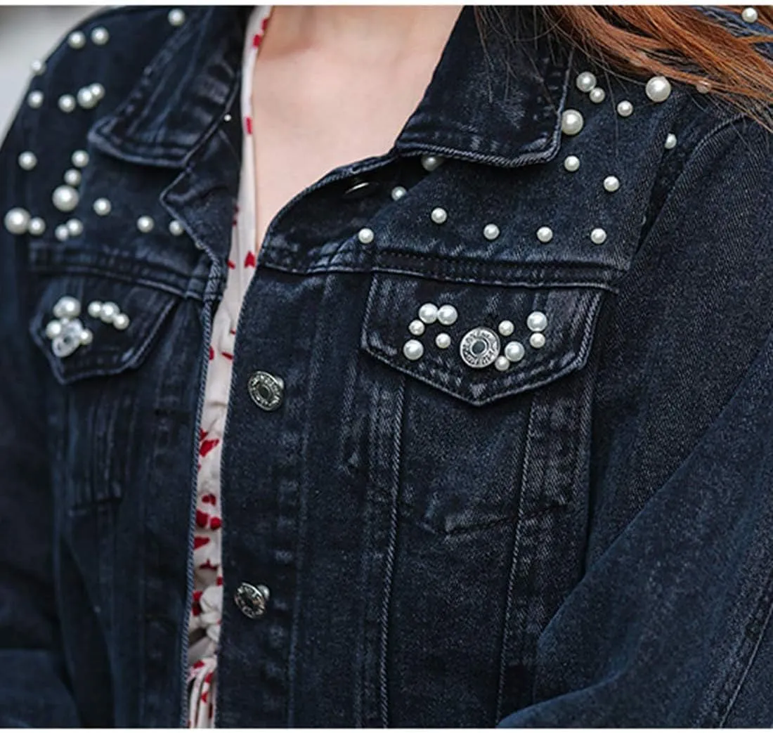 Flygo Women's Denim Trucker Jacket Distressed Beaded Pearls Button Down Jean Coat