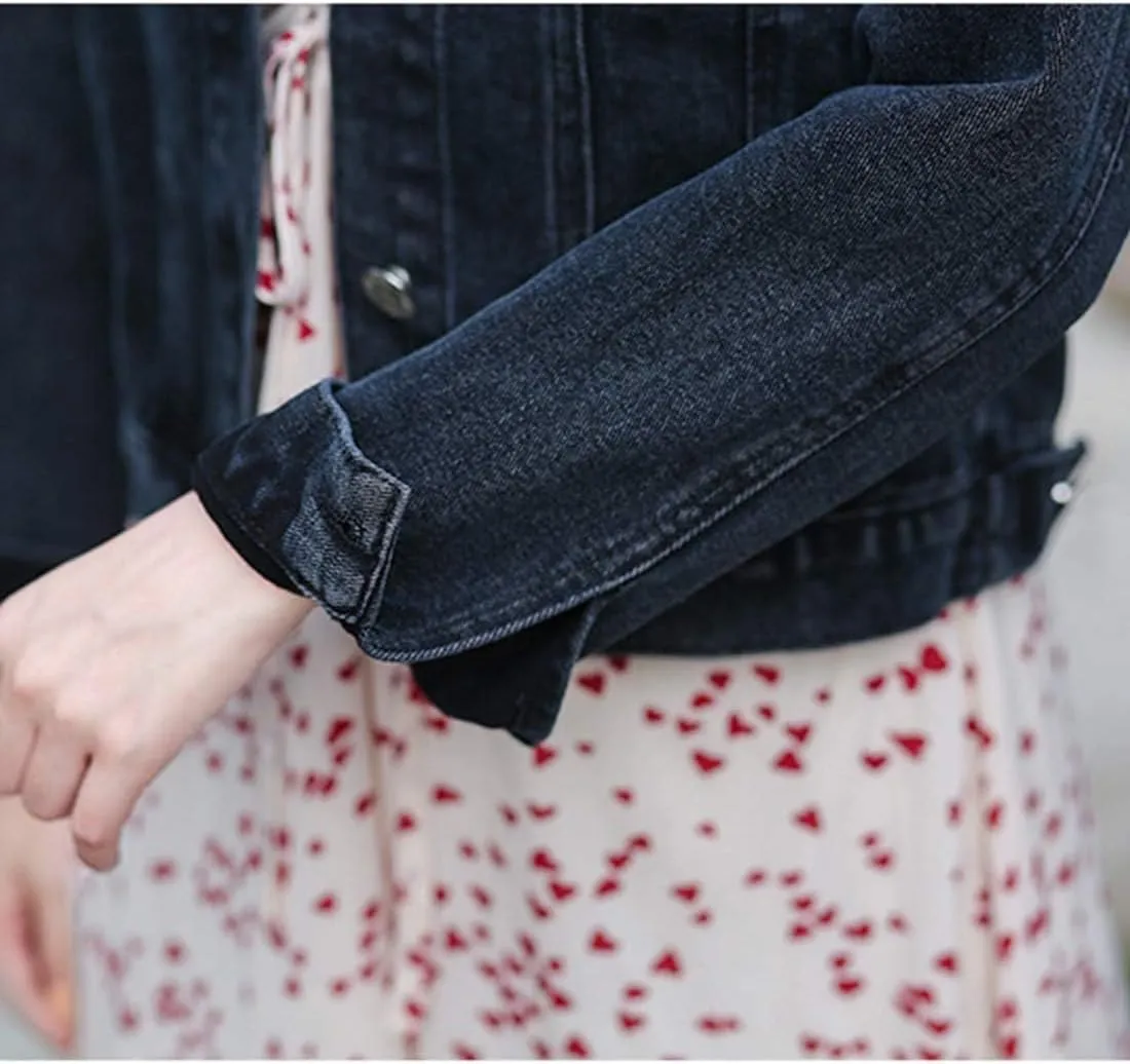 Flygo Women's Denim Trucker Jacket Distressed Beaded Pearls Button Down Jean Coat