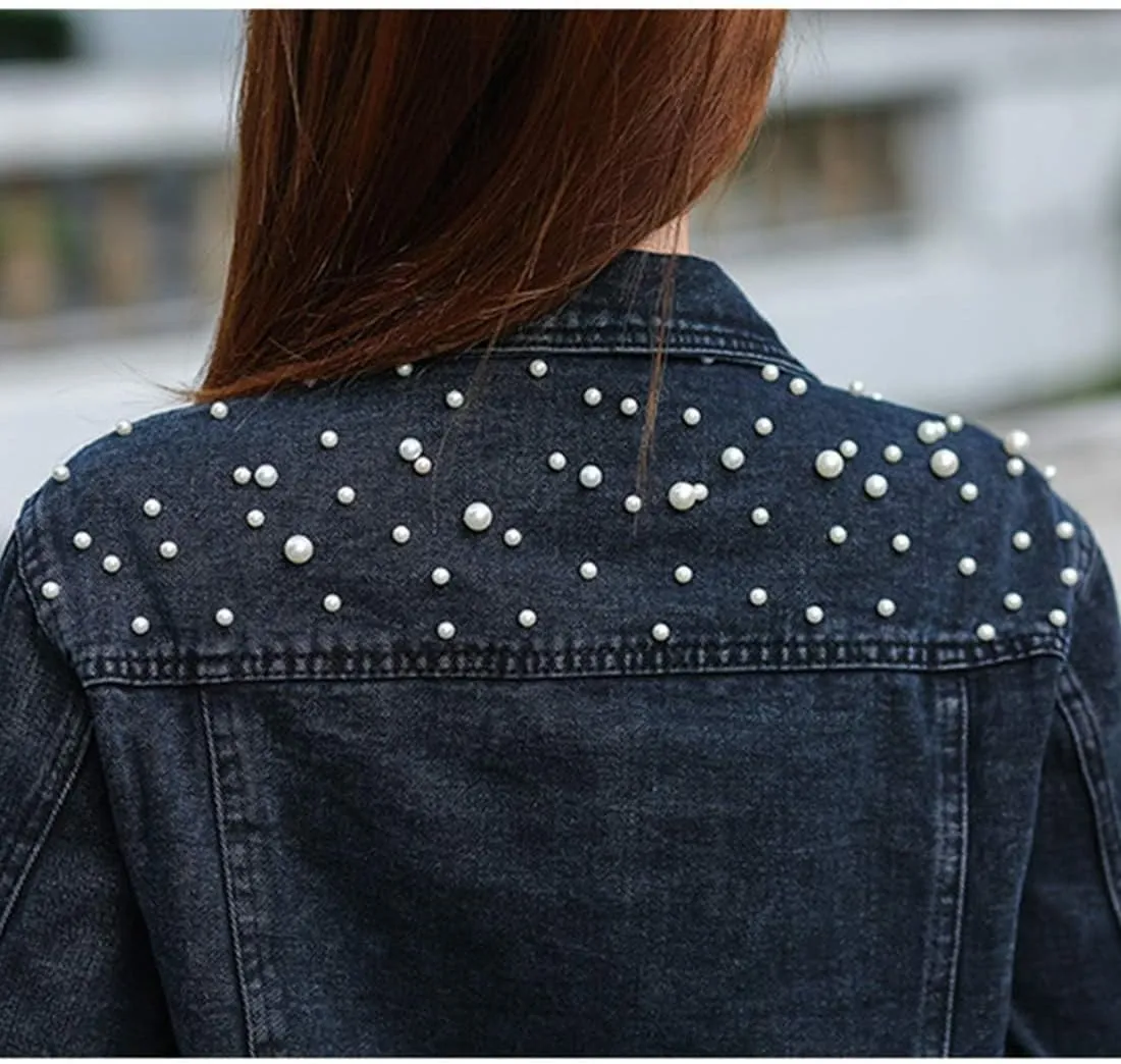 Flygo Women's Denim Trucker Jacket Distressed Beaded Pearls Button Down Jean Coat
