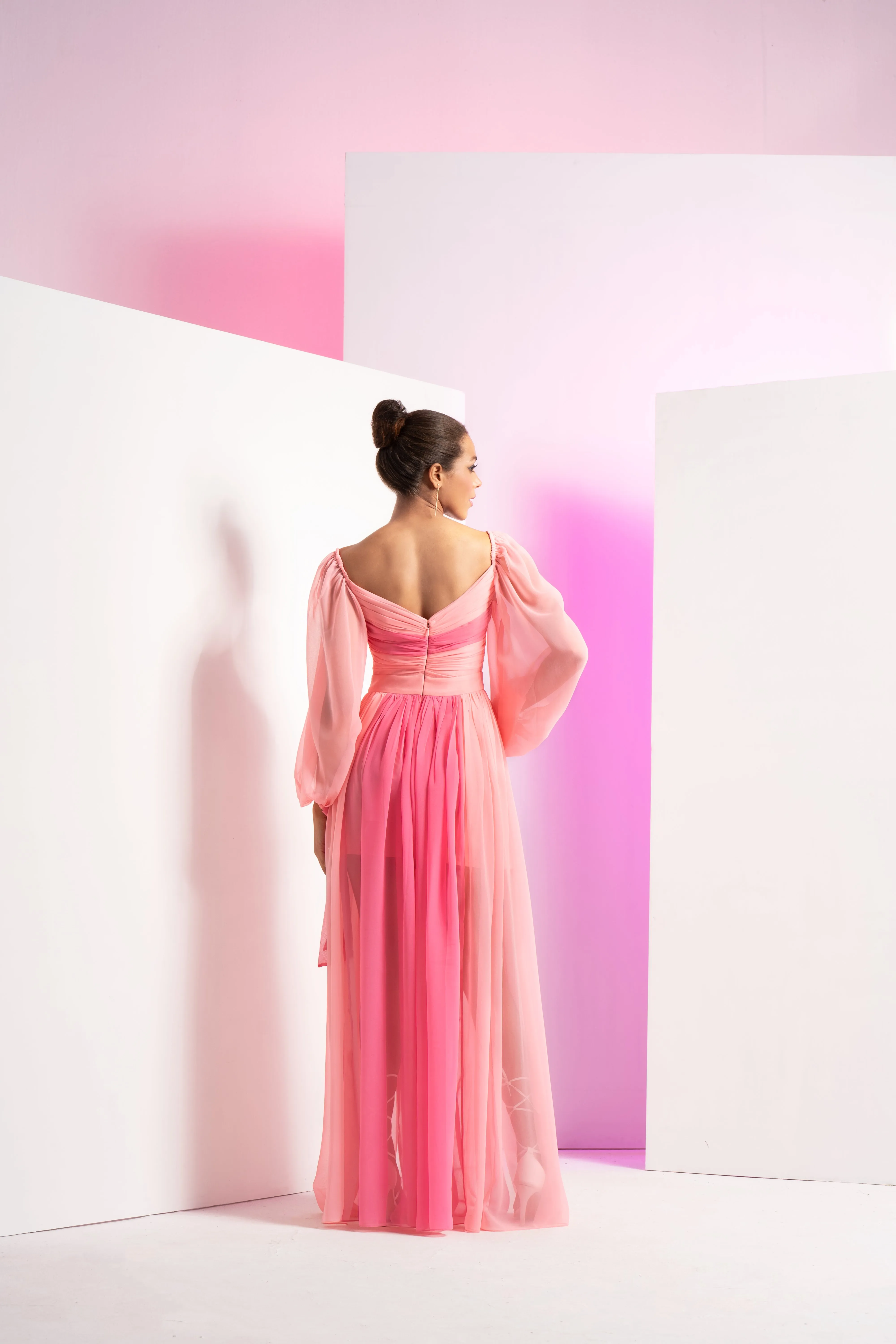 Fondant pink long dress with sleeve tie-up and front slit in skirt