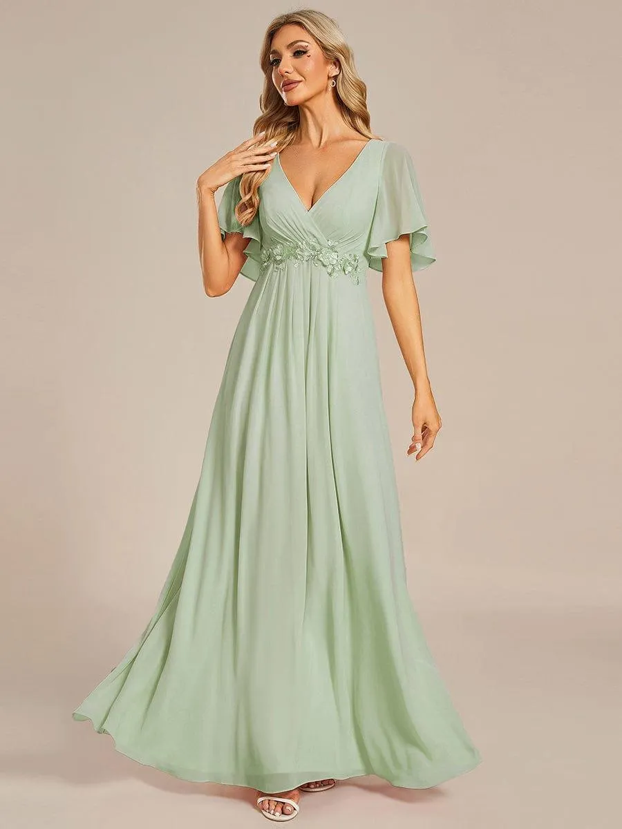 Gentle Iris | Ruffles Sleeve A-Line Chiffon Waist Applique Maxi Wedding Guest Dress