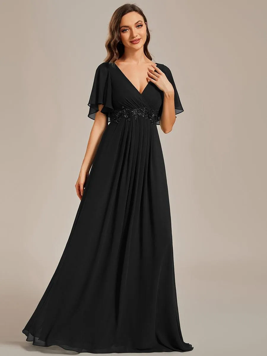 Gentle Iris | Ruffles Sleeve A-Line Chiffon Waist Applique Maxi Wedding Guest Dress