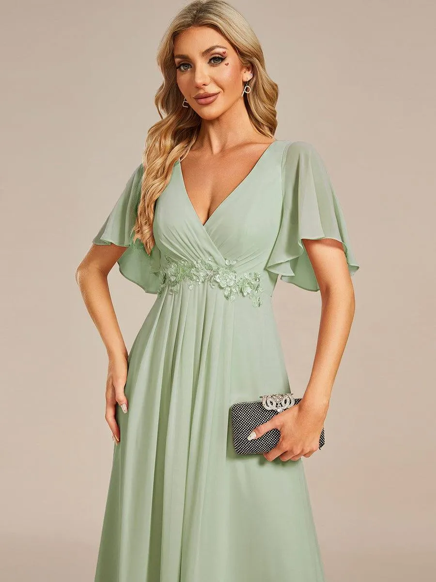 Gentle Iris | Ruffles Sleeve A-Line Chiffon Waist Applique Maxi Wedding Guest Dress