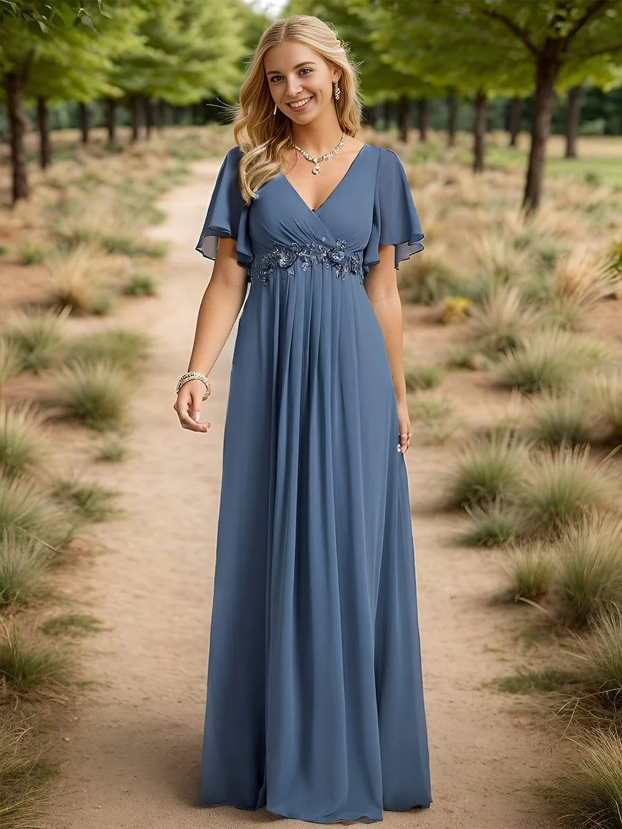 Gentle Iris | Ruffles Sleeve A-Line Chiffon Waist Applique Maxi Wedding Guest Dress