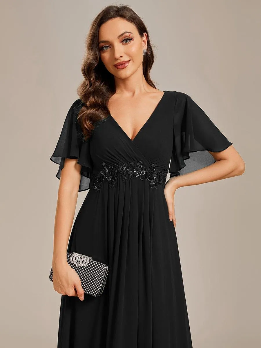 Gentle Iris | Ruffles Sleeve A-Line Chiffon Waist Applique Maxi Wedding Guest Dress