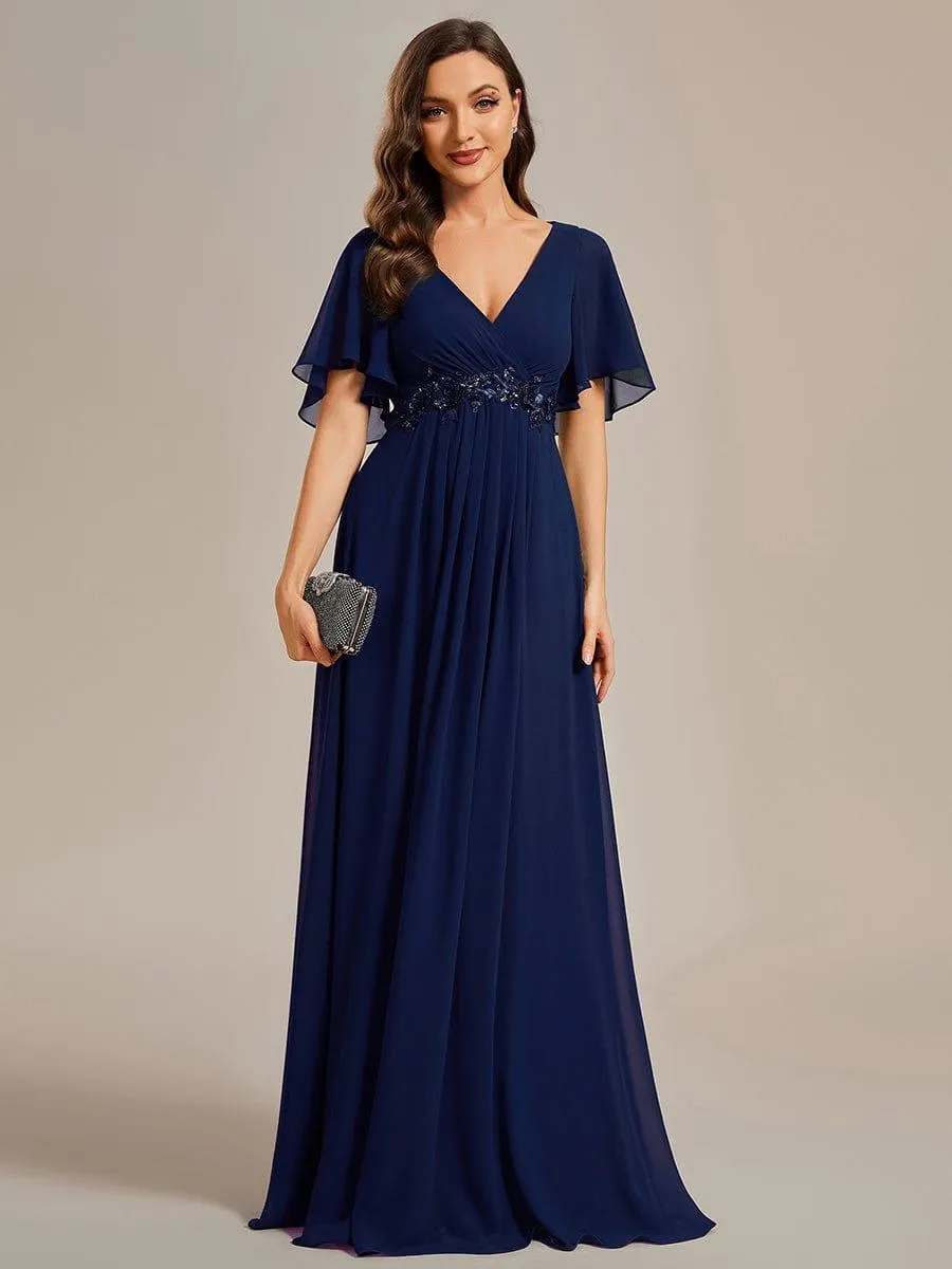Gentle Iris | Ruffles Sleeve A-Line Chiffon Waist Applique Maxi Wedding Guest Dress