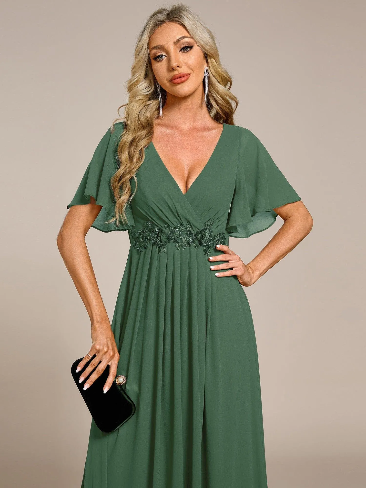Gentle Iris | Ruffles Sleeve A-Line Chiffon Waist Applique Maxi Wedding Guest Dress