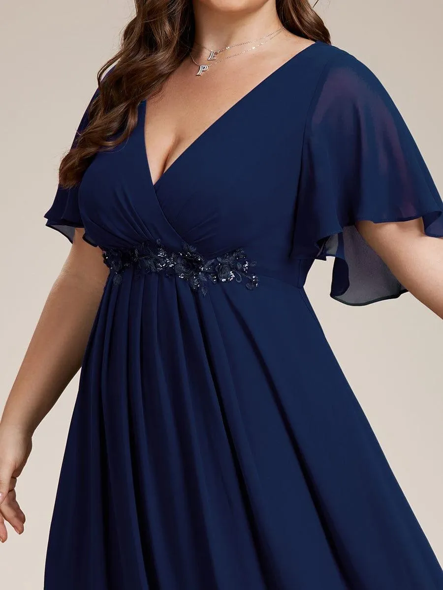 Gentle Iris | Ruffles Sleeve A-Line Chiffon Waist Applique Maxi Wedding Guest Dress
