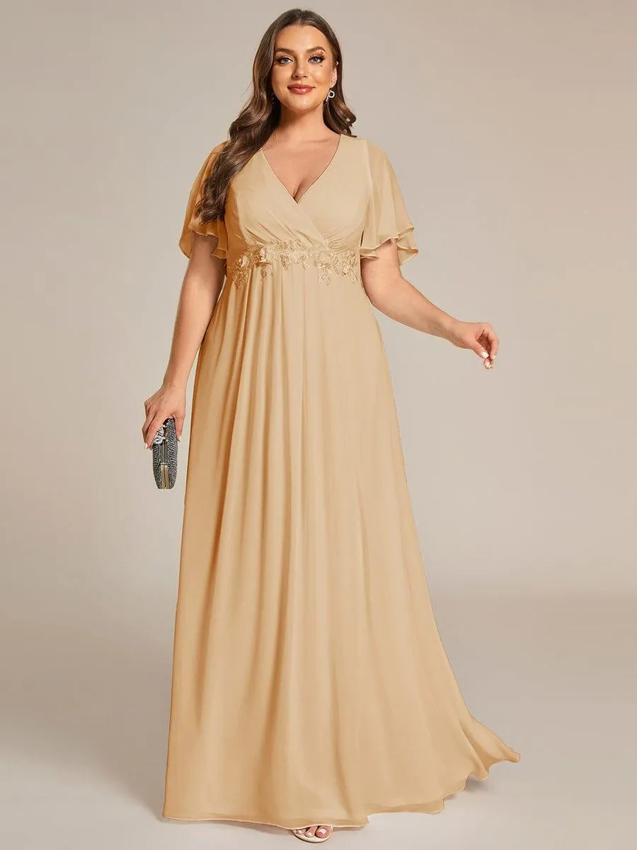 Gentle Iris | Ruffles Sleeve A-Line Chiffon Waist Applique Maxi Wedding Guest Dress