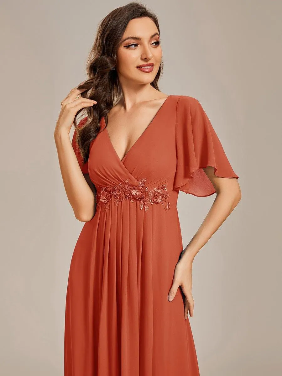 Gentle Iris | Ruffles Sleeve A-Line Chiffon Waist Applique Maxi Wedding Guest Dress