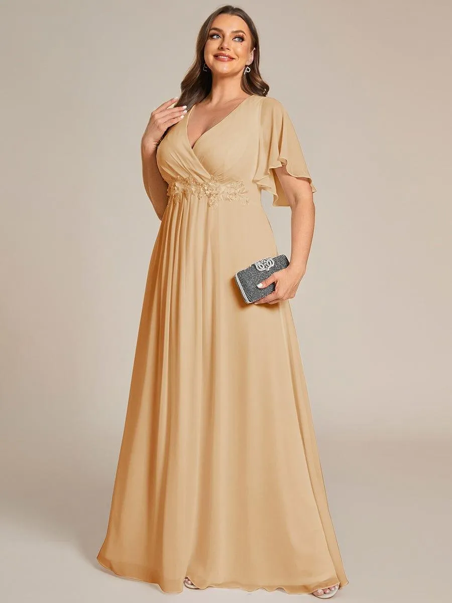 Gentle Iris | Ruffles Sleeve A-Line Chiffon Waist Applique Maxi Wedding Guest Dress