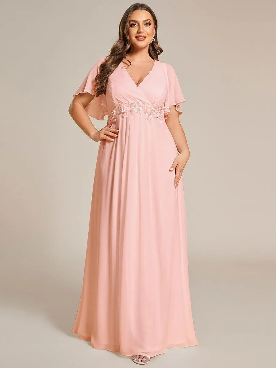 Gentle Iris | Ruffles Sleeve A-Line Chiffon Waist Applique Maxi Wedding Guest Dress