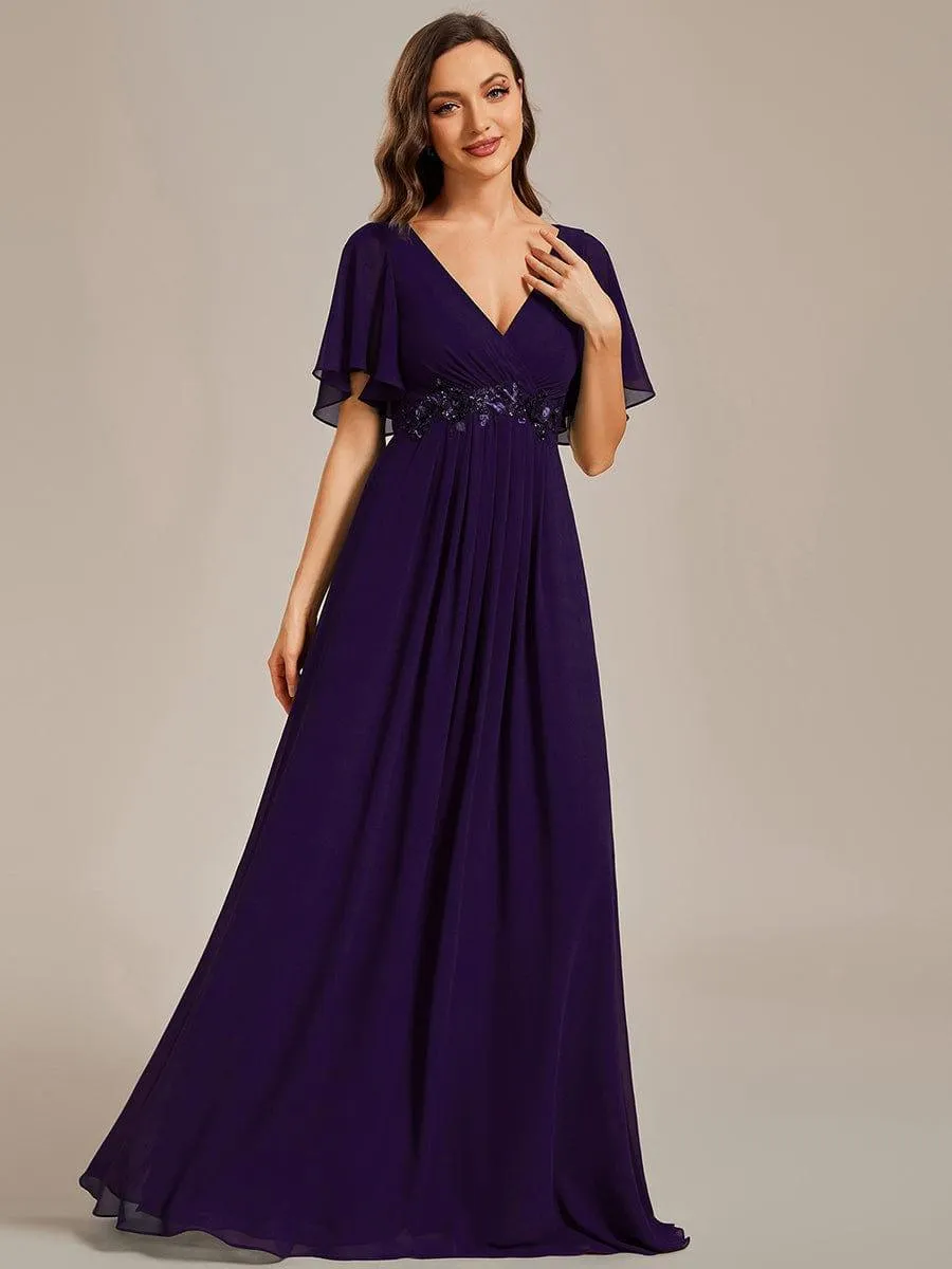 Gentle Iris | Ruffles Sleeve A-Line Chiffon Waist Applique Maxi Wedding Guest Dress