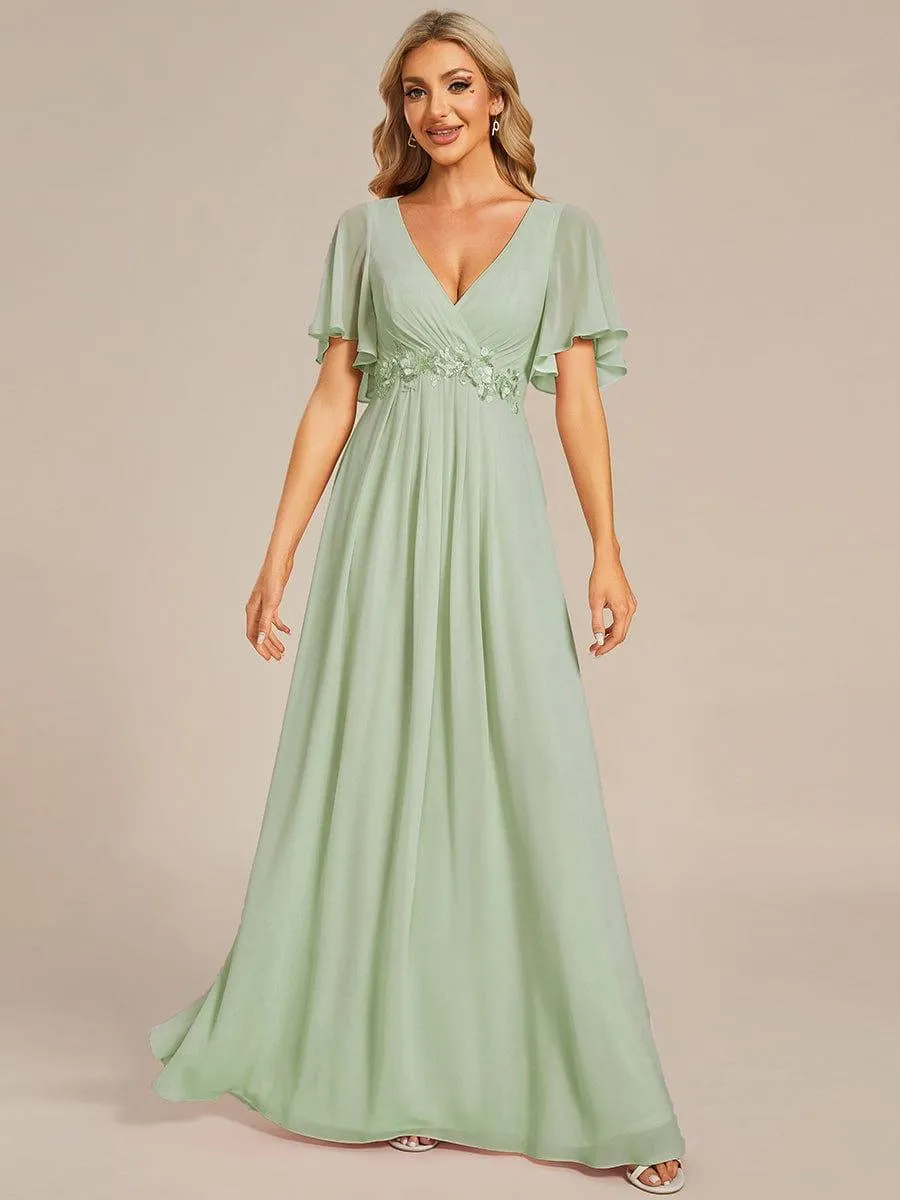 Gentle Iris | Ruffles Sleeve A-Line Chiffon Waist Applique Maxi Wedding Guest Dress