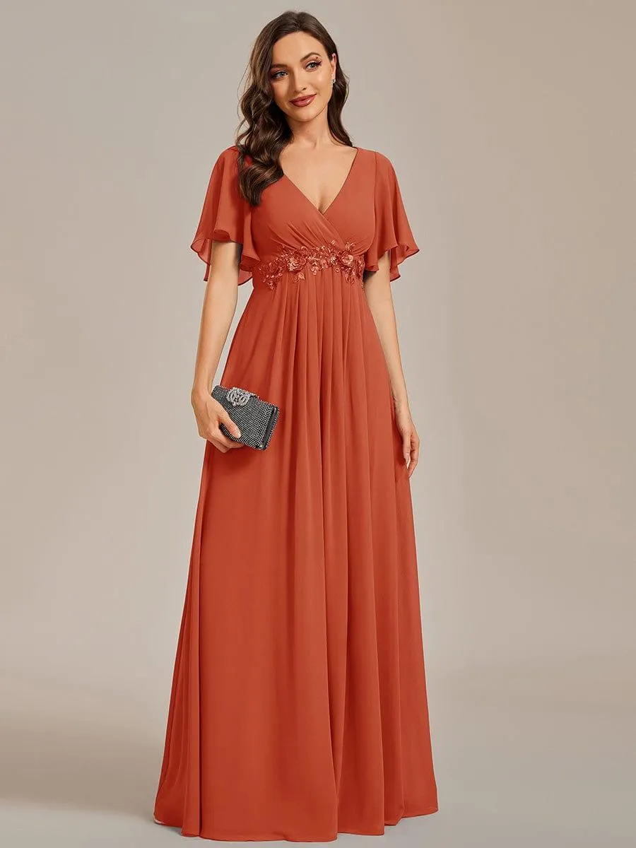 Gentle Iris | Ruffles Sleeve A-Line Chiffon Waist Applique Maxi Wedding Guest Dress