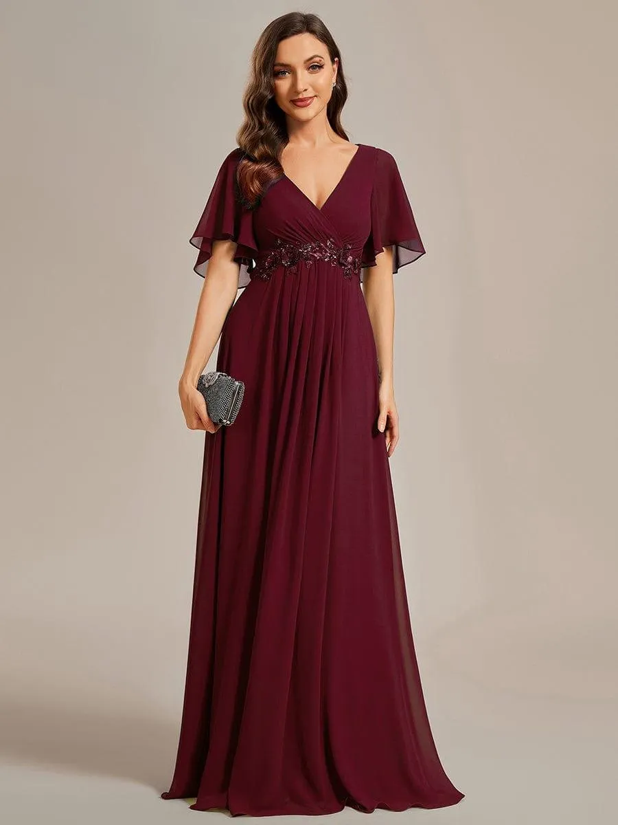 Gentle Iris | Ruffles Sleeve A-Line Chiffon Waist Applique Maxi Wedding Guest Dress