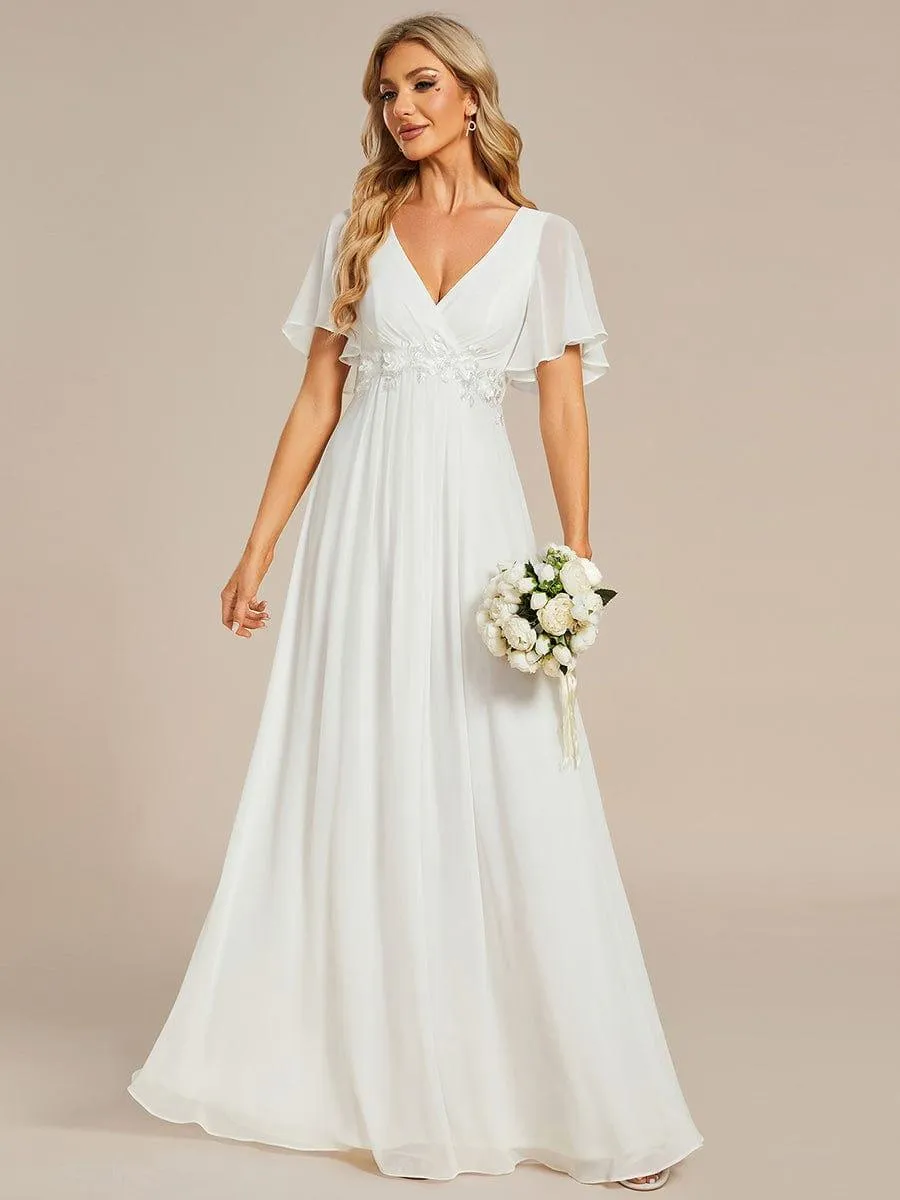 Gentle Iris | Ruffles Sleeve A-Line Chiffon Waist Applique Maxi Wedding Guest Dress