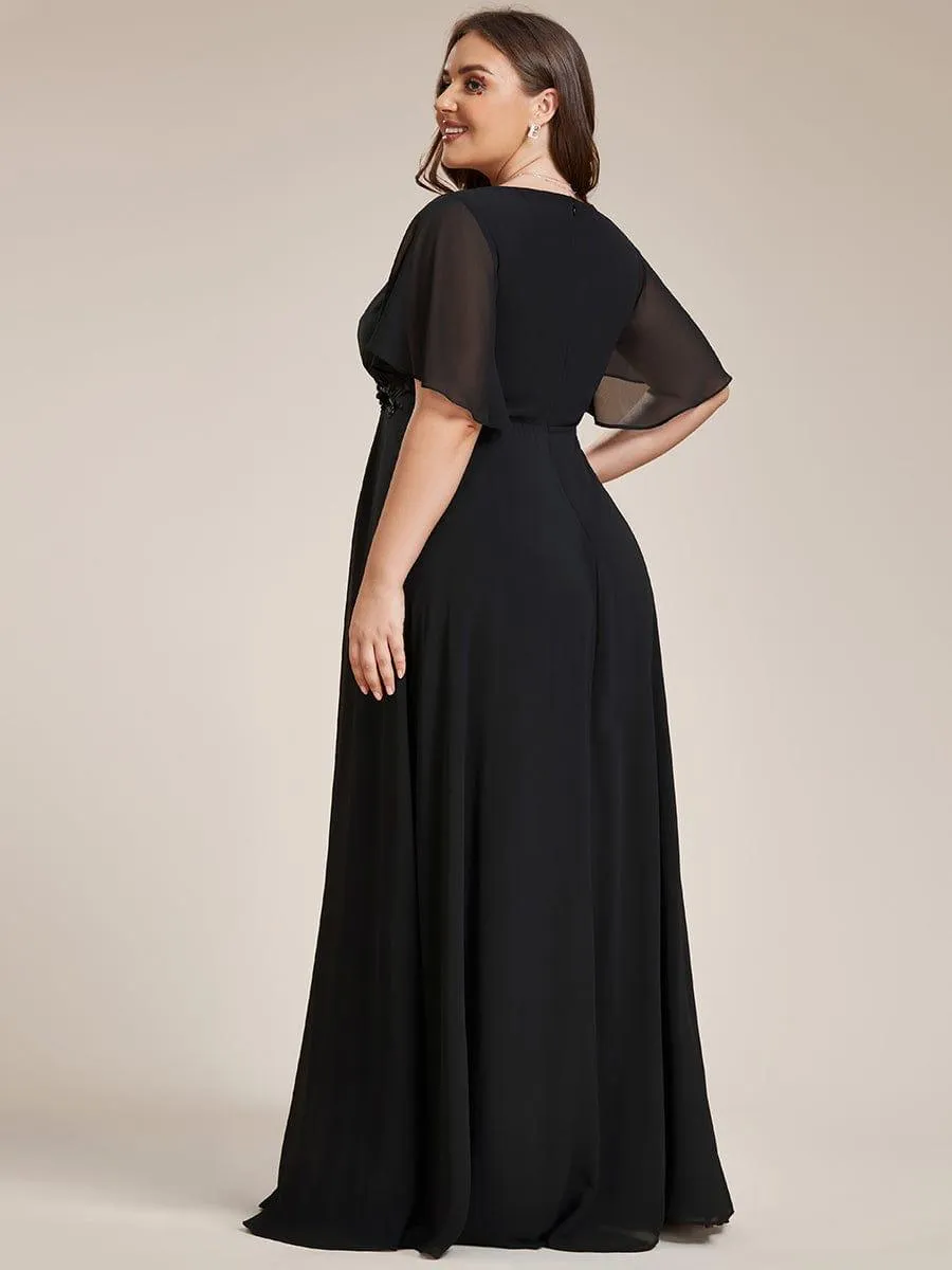 Gentle Iris | Ruffles Sleeve A-Line Chiffon Waist Applique Maxi Wedding Guest Dress