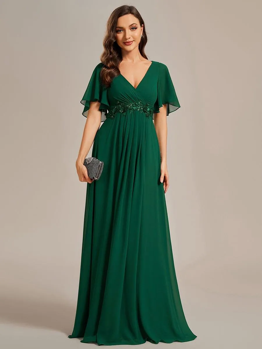 Gentle Iris | Ruffles Sleeve A-Line Chiffon Waist Applique Maxi Wedding Guest Dress