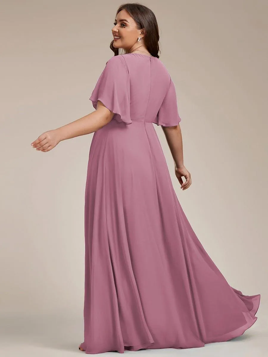 Gentle Iris | Ruffles Sleeve A-Line Chiffon Waist Applique Maxi Wedding Guest Dress