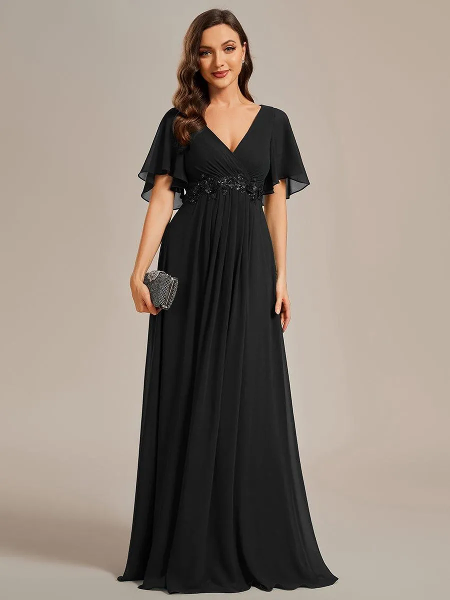 Gentle Iris | Ruffles Sleeve A-Line Chiffon Waist Applique Maxi Wedding Guest Dress