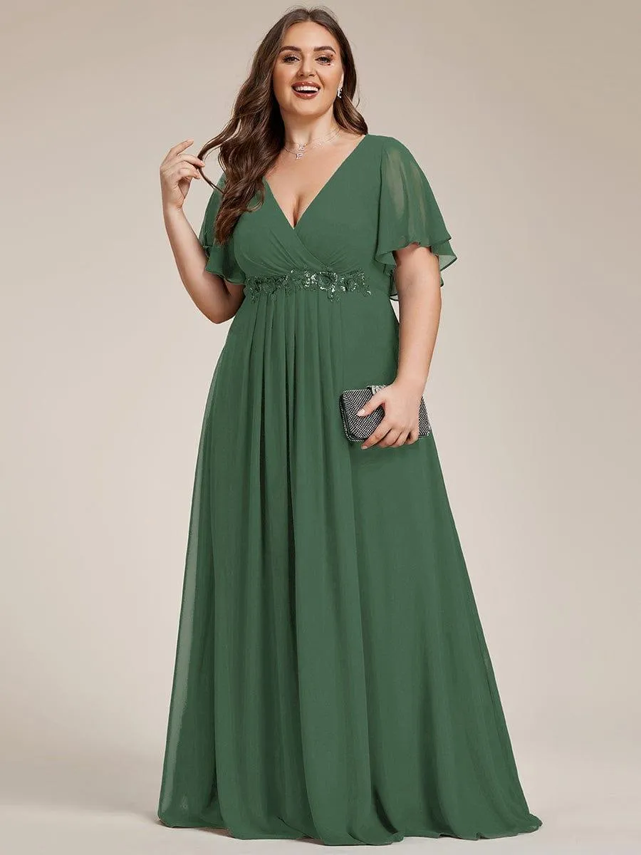 Gentle Iris | Ruffles Sleeve A-Line Chiffon Waist Applique Maxi Wedding Guest Dress