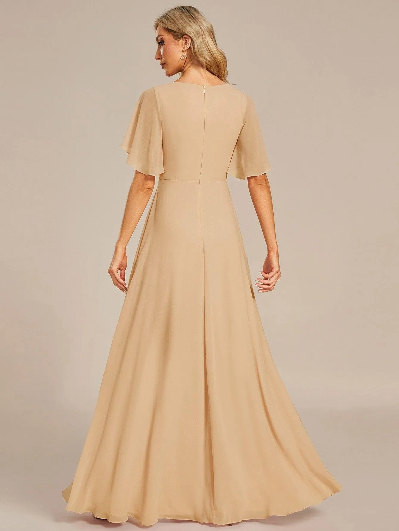 Gentle Iris | Ruffles Sleeve A-Line Chiffon Waist Applique Maxi Wedding Guest Dress