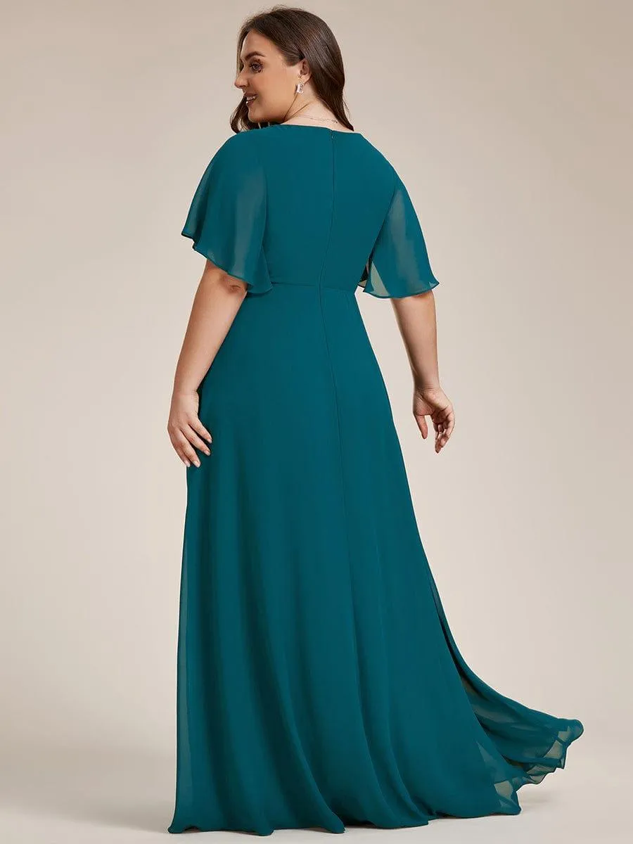 Gentle Iris | Ruffles Sleeve A-Line Chiffon Waist Applique Maxi Wedding Guest Dress