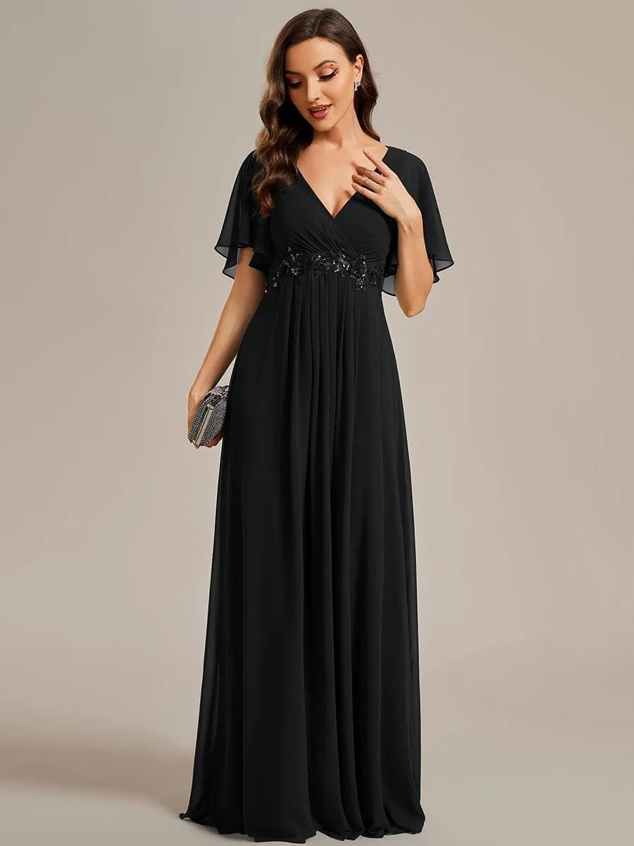 Gentle Iris | Ruffles Sleeve A-Line Chiffon Waist Applique Maxi Wedding Guest Dress
