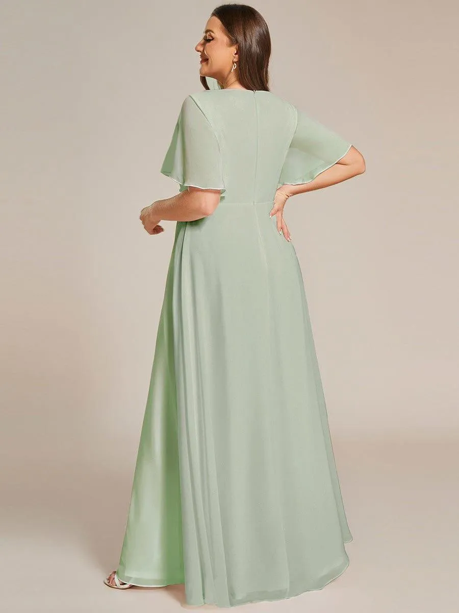 Gentle Iris | Ruffles Sleeve A-Line Chiffon Waist Applique Maxi Wedding Guest Dress