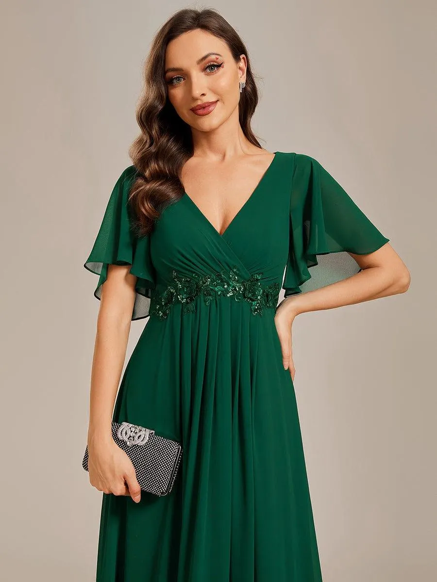 Gentle Iris | Ruffles Sleeve A-Line Chiffon Waist Applique Maxi Wedding Guest Dress