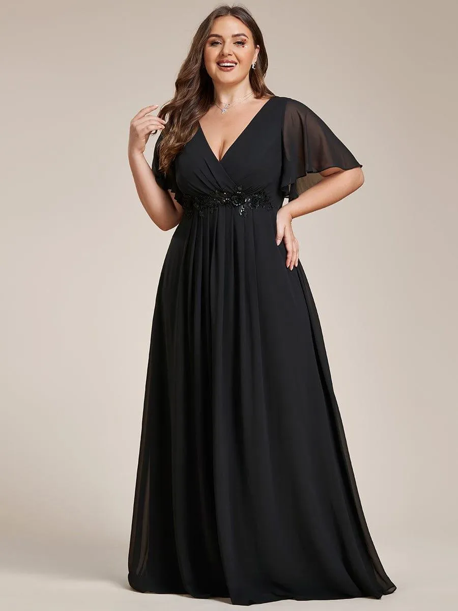 Gentle Iris | Ruffles Sleeve A-Line Chiffon Waist Applique Maxi Wedding Guest Dress