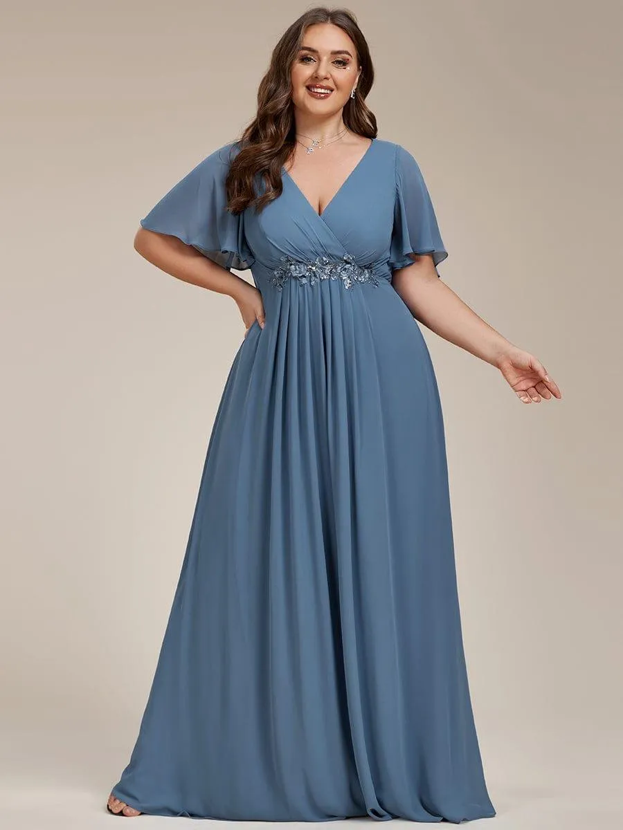 Gentle Iris | Ruffles Sleeve A-Line Chiffon Waist Applique Maxi Wedding Guest Dress