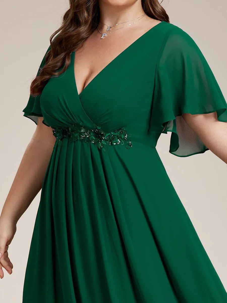 Gentle Iris | Ruffles Sleeve A-Line Chiffon Waist Applique Maxi Wedding Guest Dress