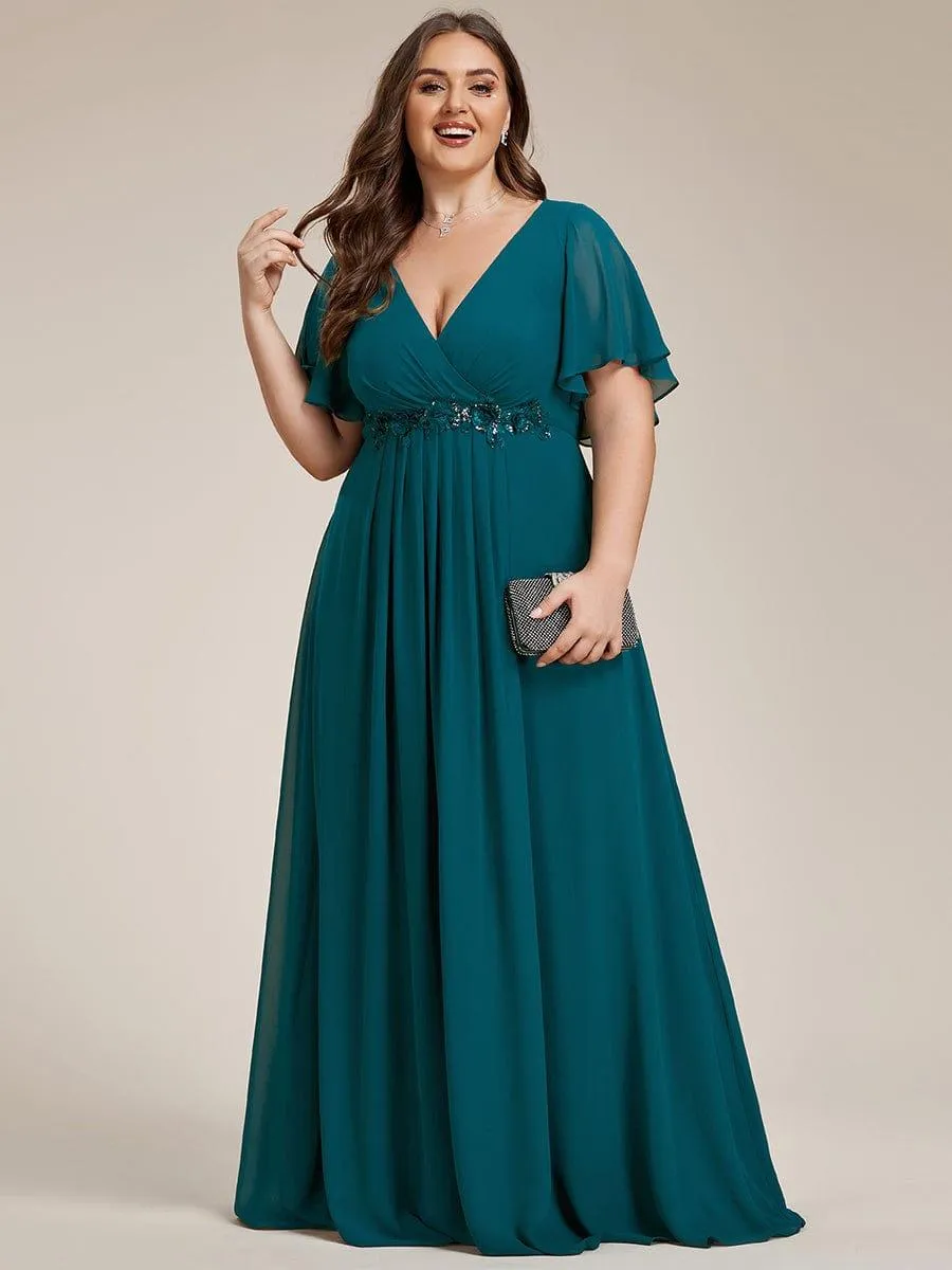 Gentle Iris | Ruffles Sleeve A-Line Chiffon Waist Applique Maxi Wedding Guest Dress