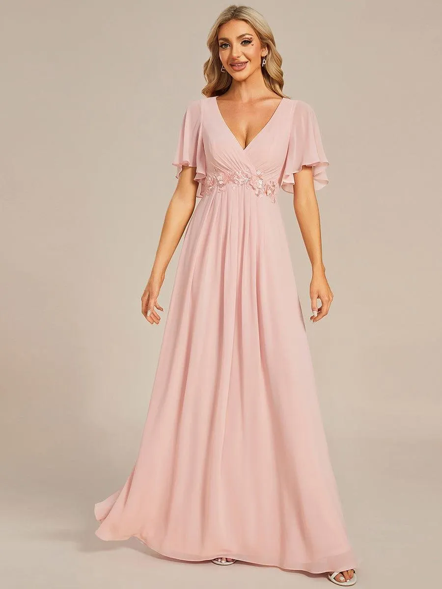 Gentle Iris | Ruffles Sleeve A-Line Chiffon Waist Applique Maxi Wedding Guest Dress