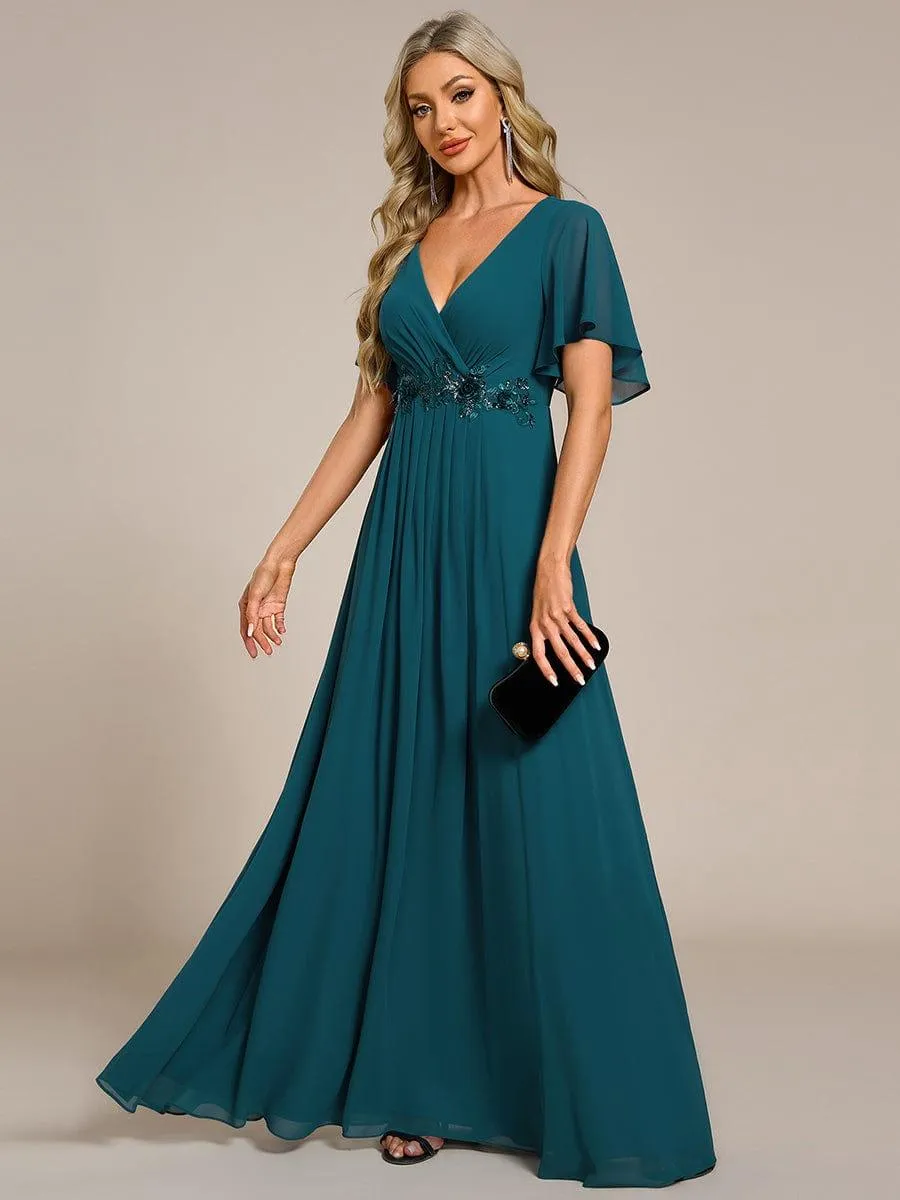 Gentle Iris | Ruffles Sleeve A-Line Chiffon Waist Applique Maxi Wedding Guest Dress