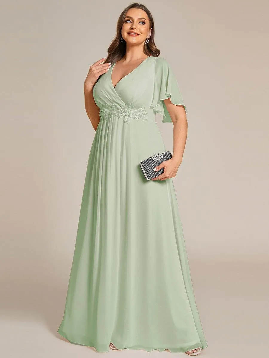 Gentle Iris | Ruffles Sleeve A-Line Chiffon Waist Applique Maxi Wedding Guest Dress