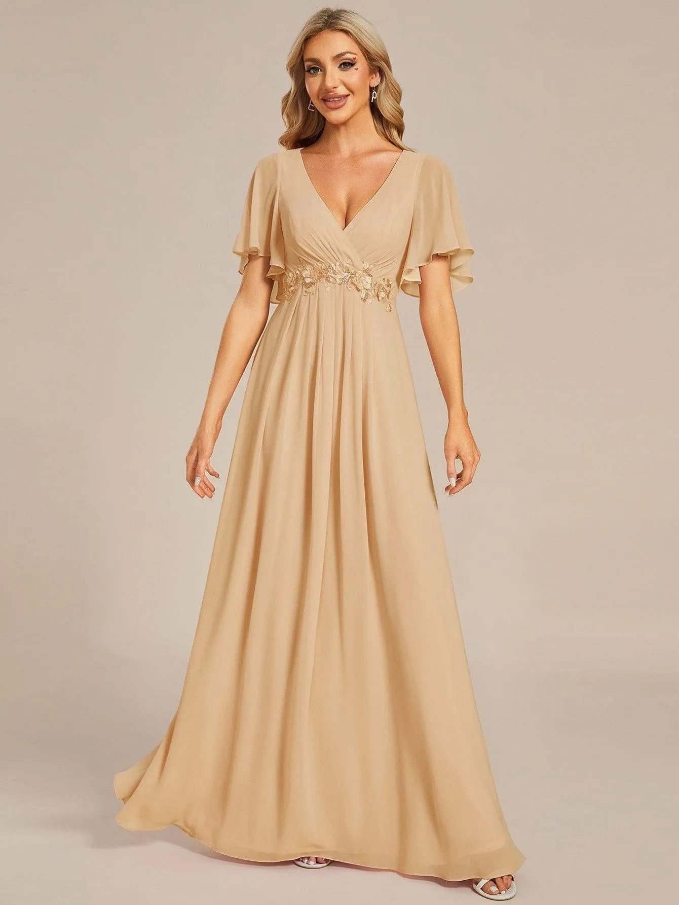 Gentle Iris | Ruffles Sleeve A-Line Chiffon Waist Applique Maxi Wedding Guest Dress