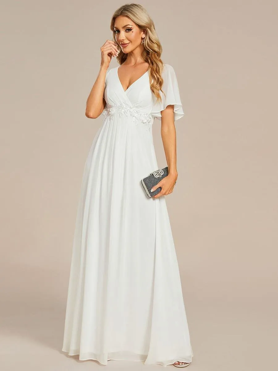 Gentle Iris | Ruffles Sleeve A-Line Chiffon Waist Applique Maxi Wedding Guest Dress