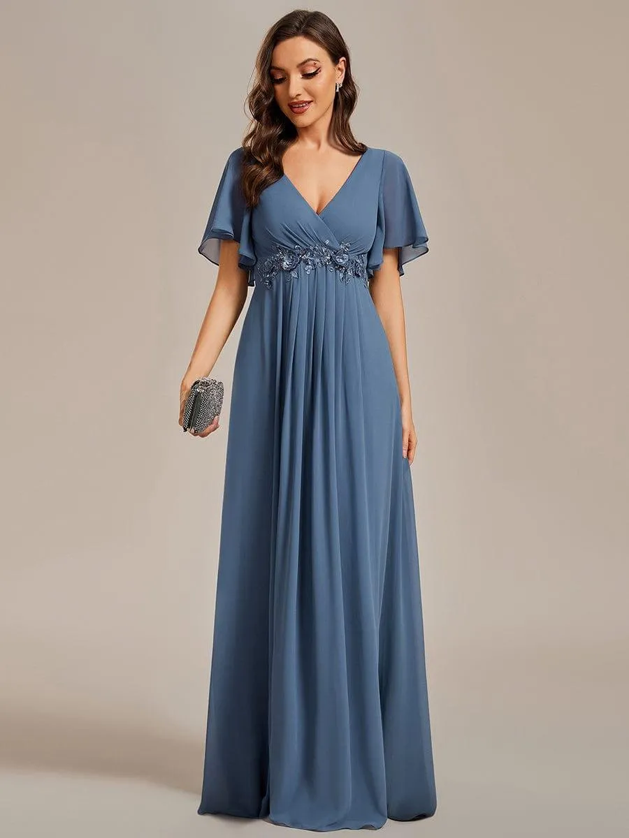 Gentle Iris | Ruffles Sleeve A-Line Chiffon Waist Applique Maxi Wedding Guest Dress