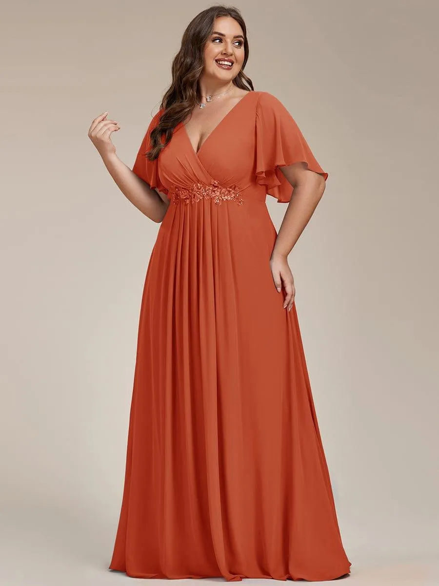 Gentle Iris | Ruffles Sleeve A-Line Chiffon Waist Applique Maxi Wedding Guest Dress