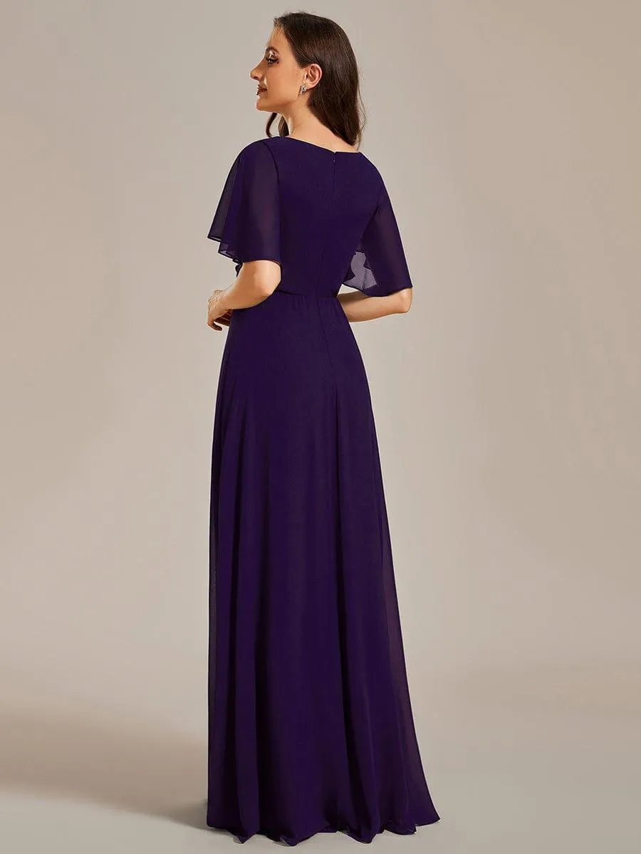 Gentle Iris | Ruffles Sleeve A-Line Chiffon Waist Applique Maxi Wedding Guest Dress