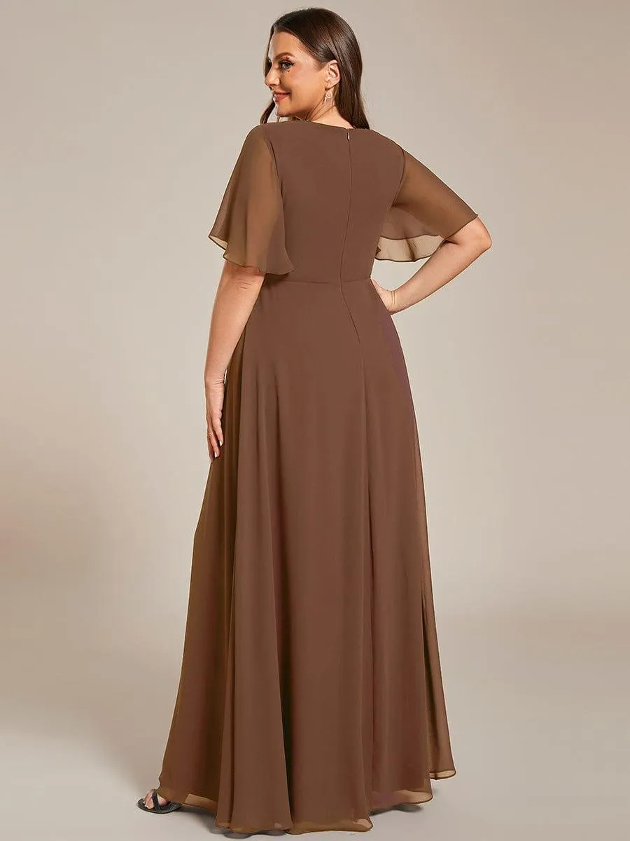 Gentle Iris | Ruffles Sleeve A-Line Chiffon Waist Applique Maxi Wedding Guest Dress
