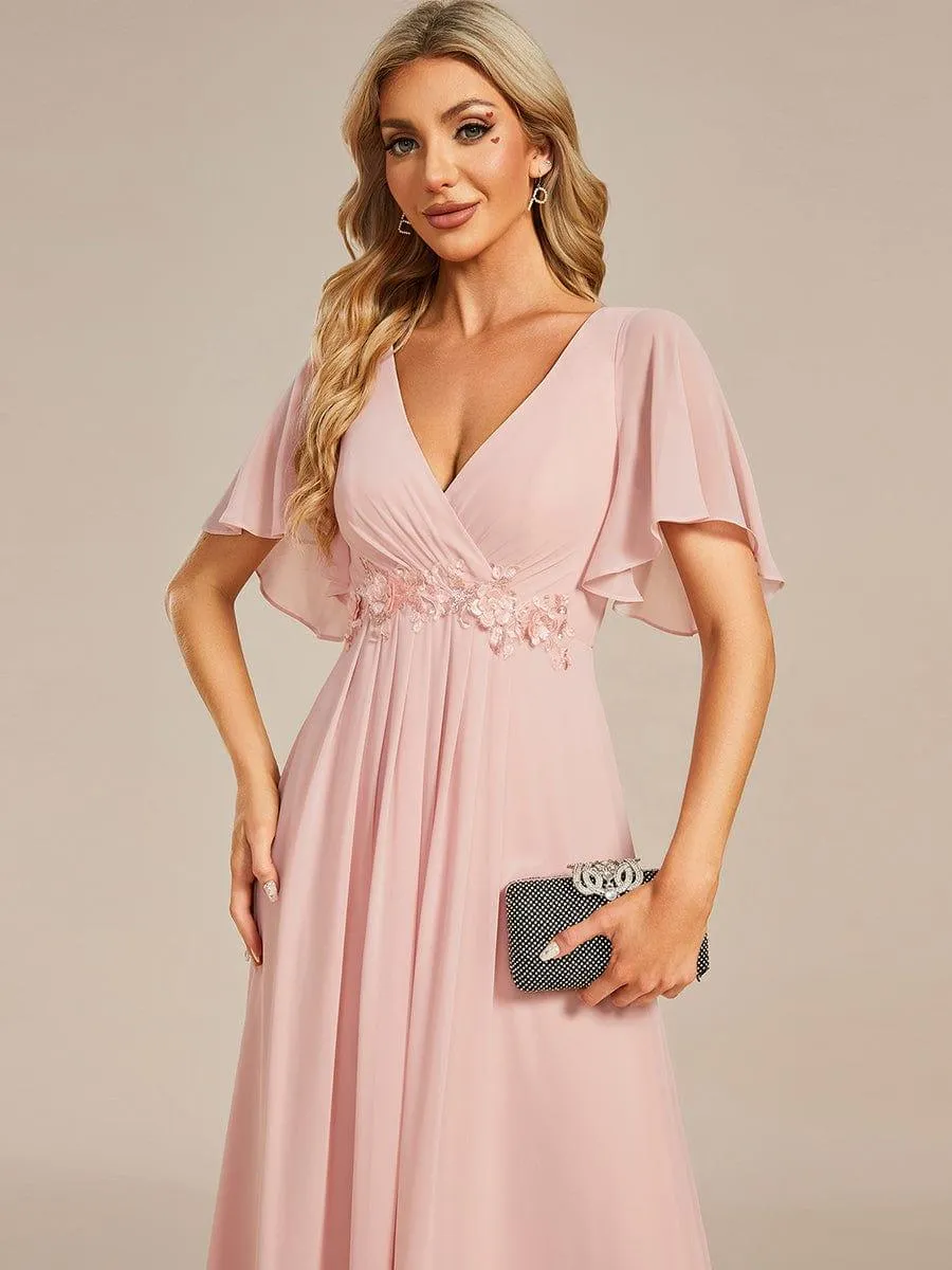 Gentle Iris | Ruffles Sleeve A-Line Chiffon Waist Applique Maxi Wedding Guest Dress