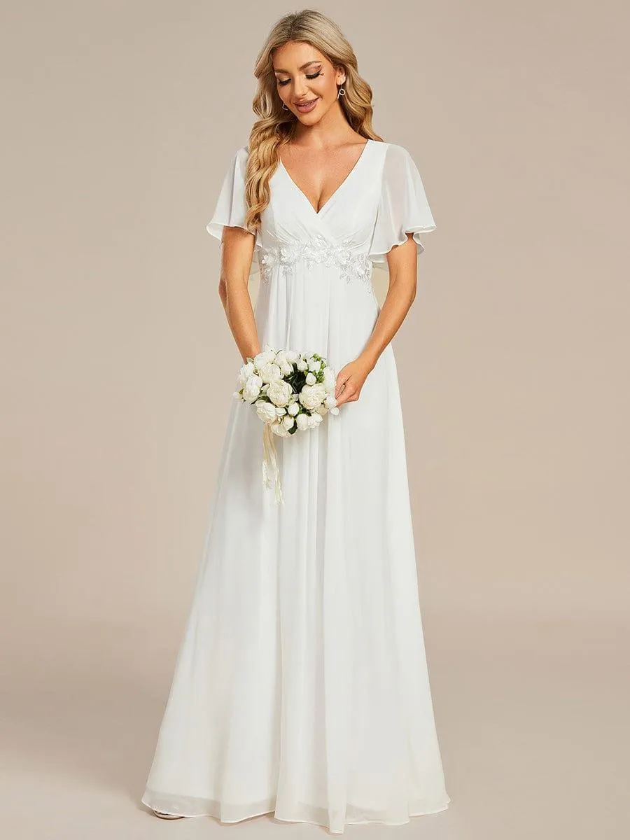 Gentle Iris | Ruffles Sleeve A-Line Chiffon Waist Applique Maxi Wedding Guest Dress
