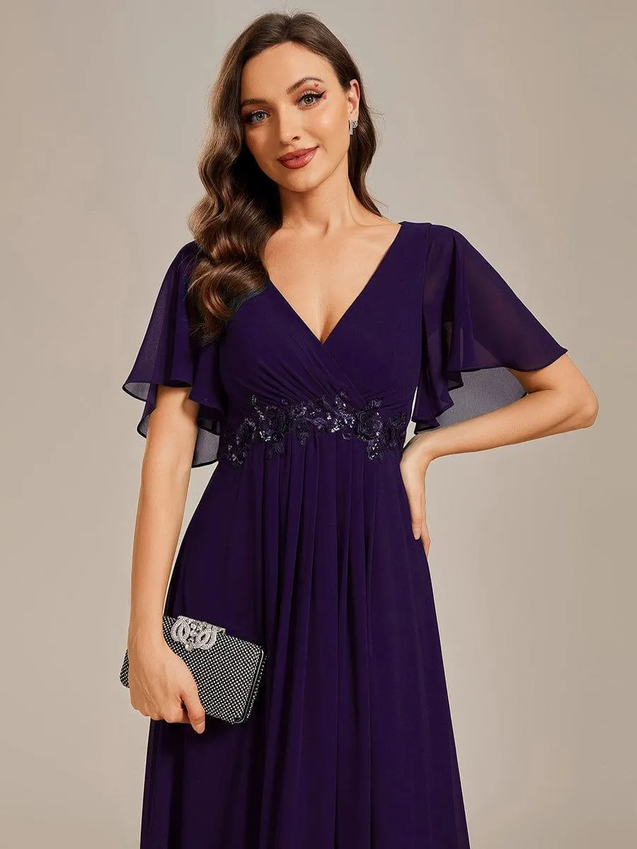 Gentle Iris | Ruffles Sleeve A-Line Chiffon Waist Applique Maxi Wedding Guest Dress