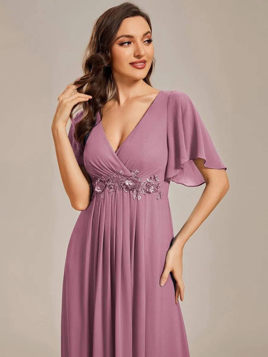 Gentle Iris | Ruffles Sleeve A-Line Chiffon Waist Applique Maxi Wedding Guest Dress