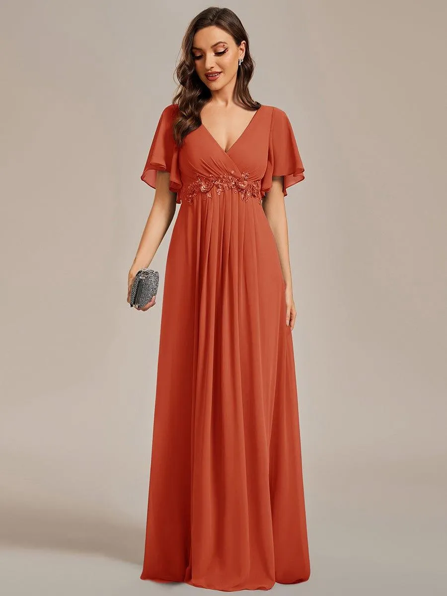 Gentle Iris | Ruffles Sleeve A-Line Chiffon Waist Applique Maxi Wedding Guest Dress