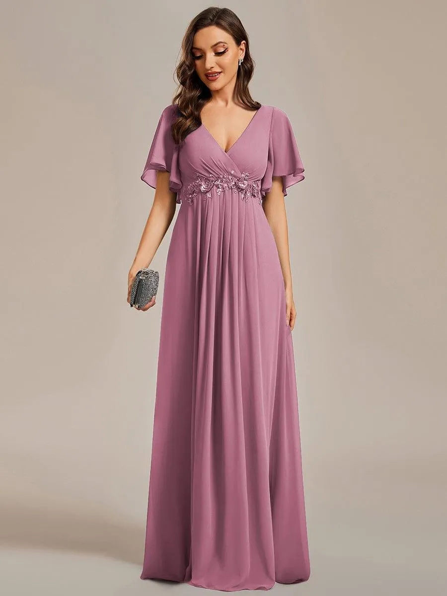 Gentle Iris | Ruffles Sleeve A-Line Chiffon Waist Applique Maxi Wedding Guest Dress